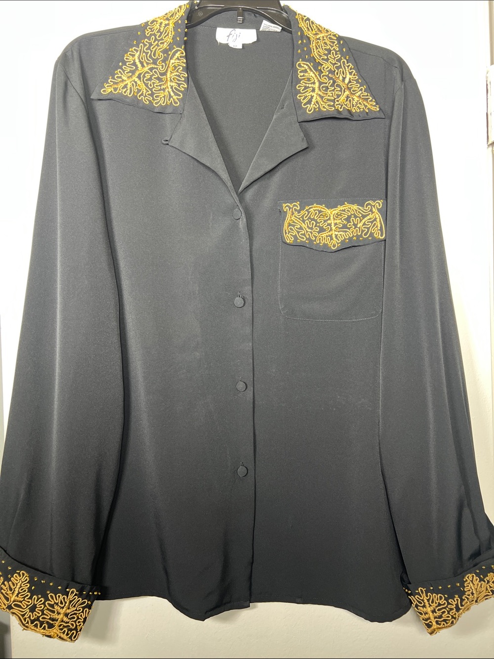 Elegant Black Blouse with Gold Embroidery - Women's Top